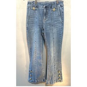 Cache Womens Blue Denim Gold Button Nautical Flare Crop Capri Jeans Size 26